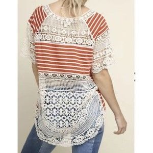 UMGEE Tops Crochet  Medium Women  Boho Shirt Striped Short Sleeve High/Low Red